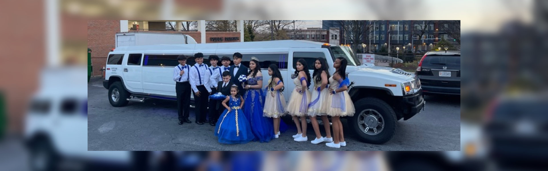 wedding pictorial with the luxurious limousine at the back